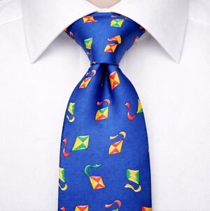 Paul Stuart Silk Necktie Blue Kite Print Classic Designer Tie